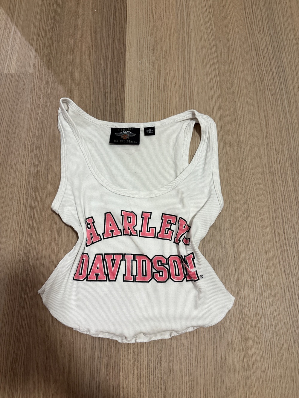 Harley-Davidson Repurposed White Tank with Pink Lettering